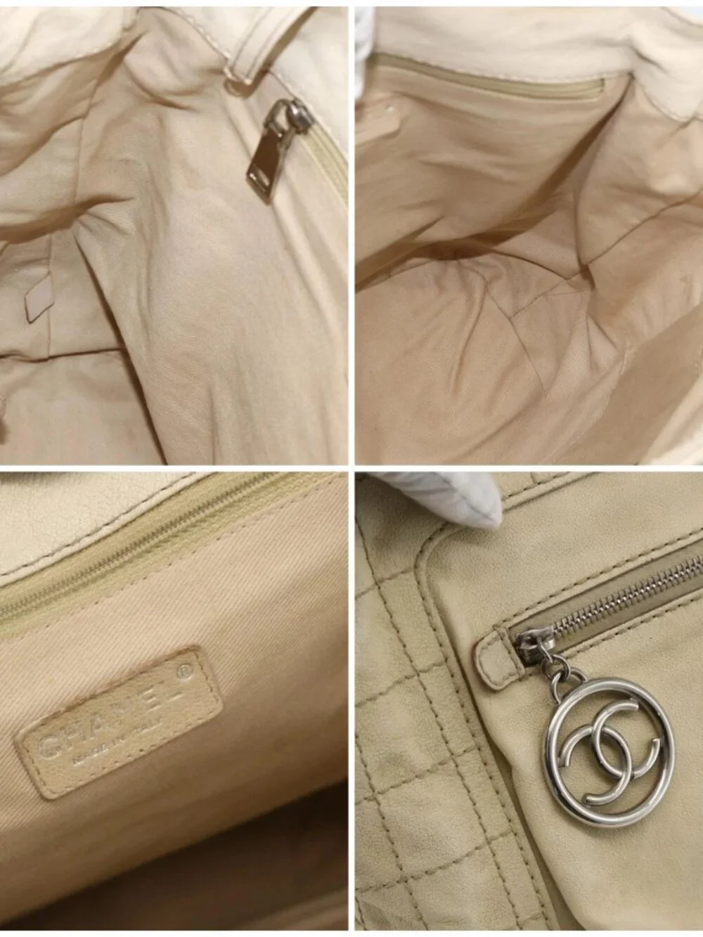 CHANEL Choco Bar Hand Bag Leather Ivory Silver CC Auth bs34277